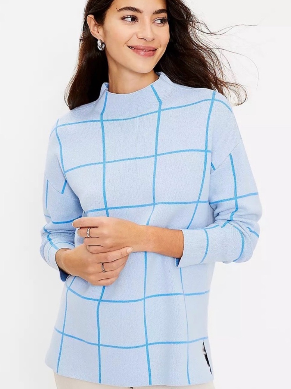 NWT Loft Light Blue Windowpane Mock Neck Knit Knit Sweater